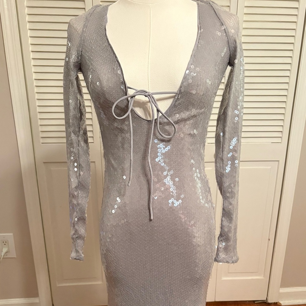 Bardot Silver Long Sleeve Sequin Dress